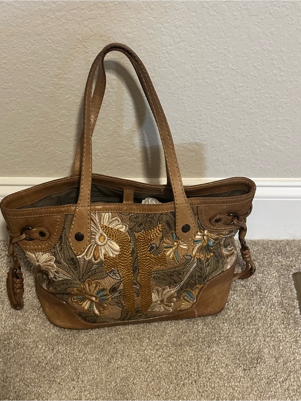 Embroidered leather Floral Tote Bag in Brown and Tan
Frye
